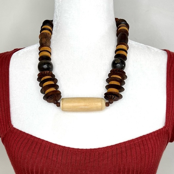 Wooden Beaded Necklace Boho Tribal Bohemian Statement Boho Wood 10 Inches - Picture 14 of 14